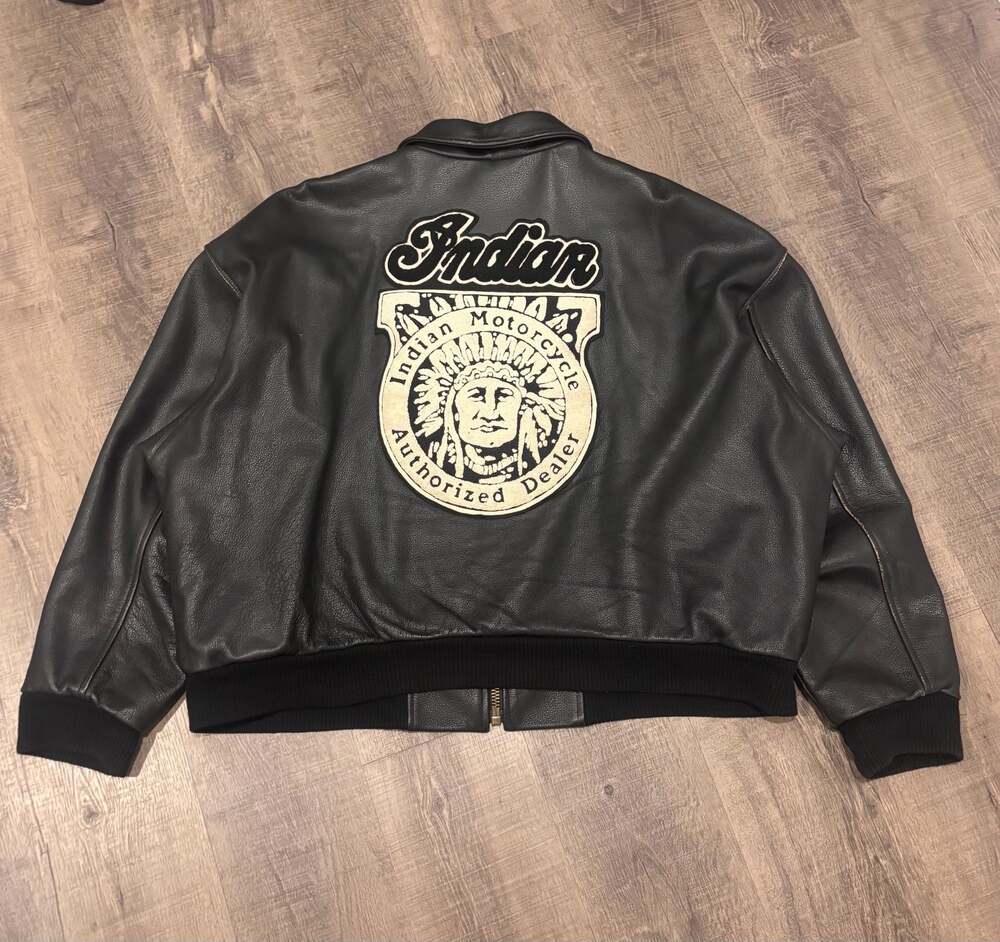 Indian Motorcycle Vintage Leather Bomber Jacket with Embroidered Patches
